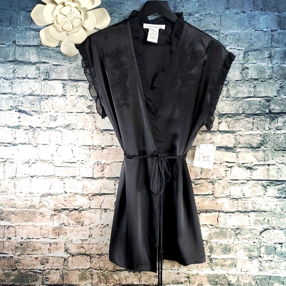 Intimo Donatella | Black Coquette Girl Whimsygoth Ruffled Satin Chemise Robe